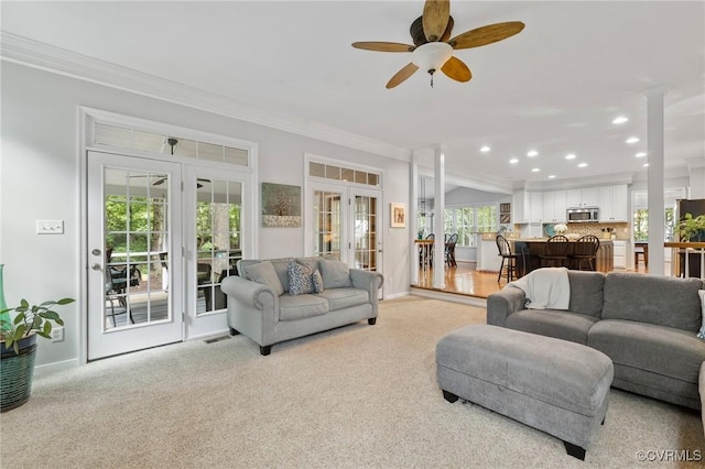 11601 Shadow Run Ln, Glen Allen, VA 23059 - living area with ornamental molding, recessed lighting, french doors, a ceiling fan, and baseboards