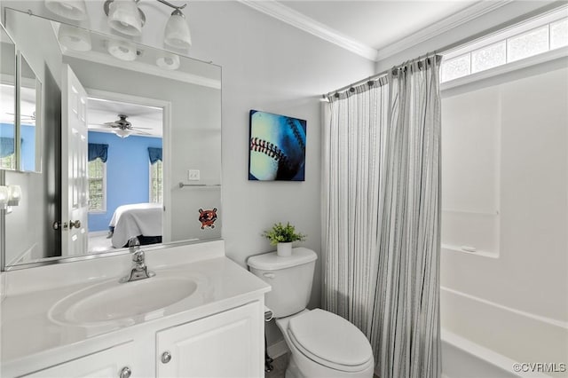 11601 Shadow Run Ln, Glen Allen, VA 23059 - bathroom featuring connected bathroom, vanity, ornamental molding, shower / bath combo with shower curtain, and a ceiling fan