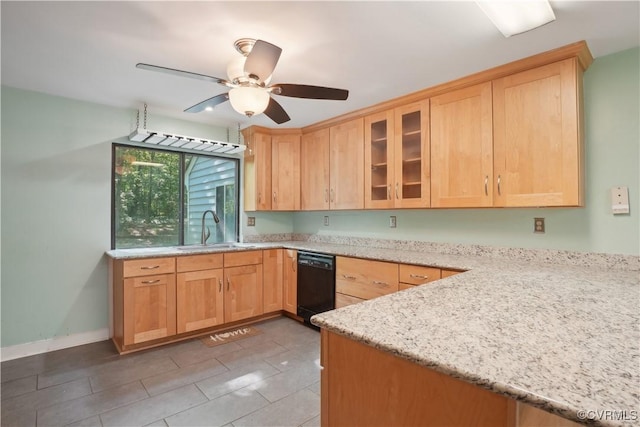 5910 Harbourwood Pl, Chesterfield, VA 23112 - kitchen with a sink, black dishwasher, a ceiling fan, glass insert cabinets, and light brown cabinets