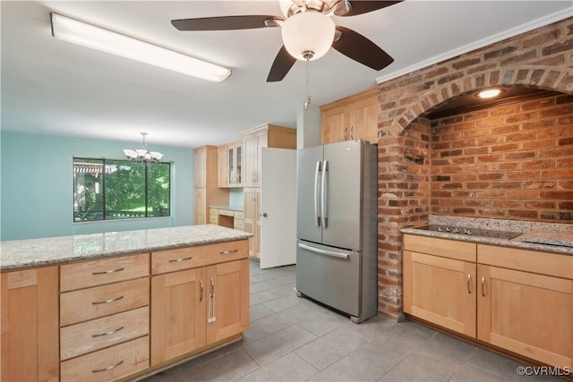 5910 Harbourwood Pl, Chesterfield, VA 23112 - kitchen featuring freestanding refrigerator, light brown cabinets, black electric stovetop, and light tile patterned flooring