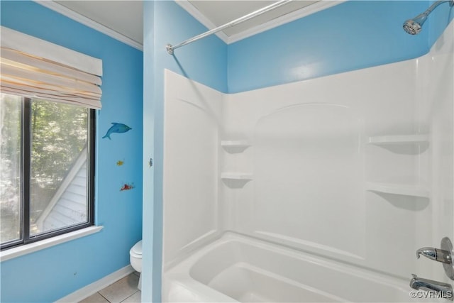 5910 Harbourwood Pl, Chesterfield, VA 23112 - bathroom featuring  shower combination, toilet, ornamental molding, tile patterned flooring, and baseboards