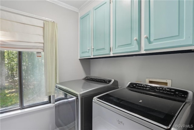 5910 Harbourwood Pl, Chesterfield, VA 23112 - washroom with washing machine and clothes dryer, cabinet space, and ornamental molding