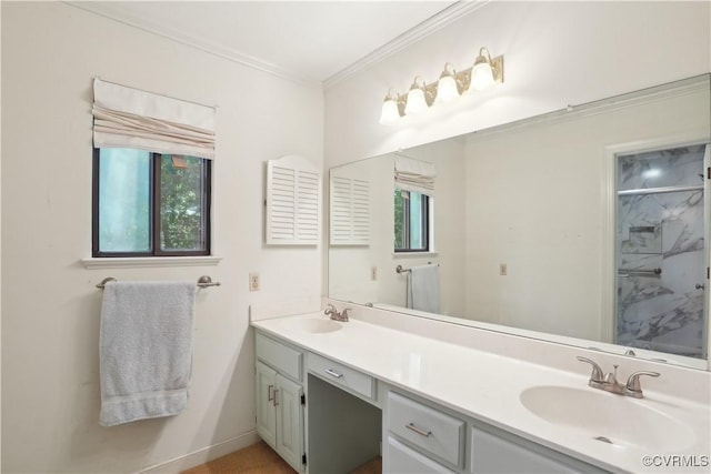 5910 Harbourwood Pl, Chesterfield, VA 23112 - bathroom with double vanity, ornamental molding, and a shower