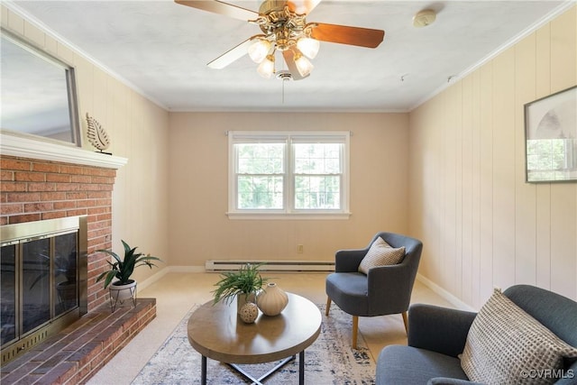 5441 Claridge Dr, Chesterfield, VA 23832 - carpeted living area with a baseboard radiator, ornamental molding, baseboards, a fireplace, and ceiling fan
