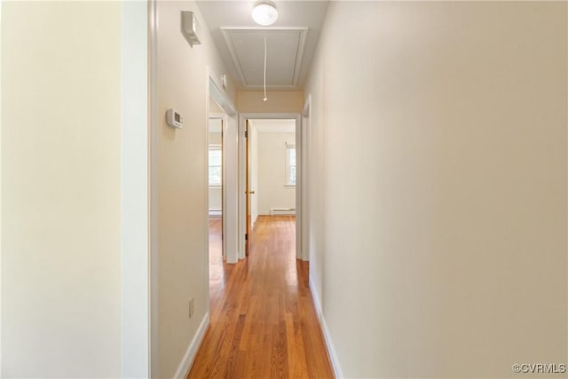 5441 Claridge Dr, Chesterfield, VA 23832 - hallway featuring attic access, light wood-style floors, a baseboard heating unit, and baseboards