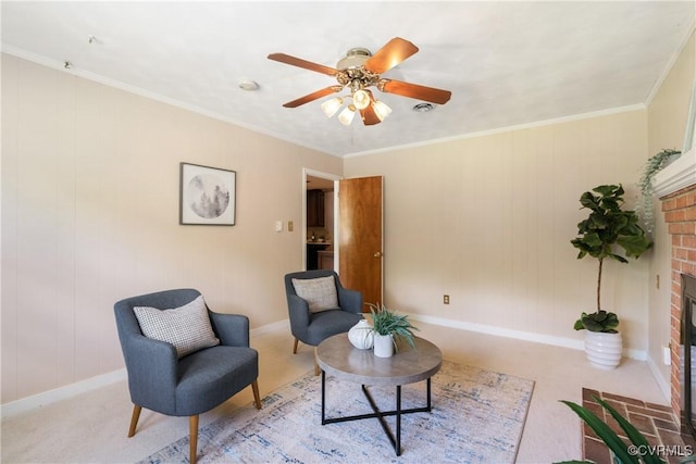 5441 Claridge Dr, Chesterfield, VA 23832 - sitting room with a brick fireplace, ceiling fan, baseboards, carpet floors, and ornamental molding