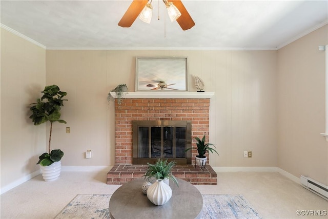 5441 Claridge Dr, Chesterfield, VA 23832 - carpeted living area featuring a baseboard radiator, ceiling fan, a fireplace, baseboards, and ornamental molding