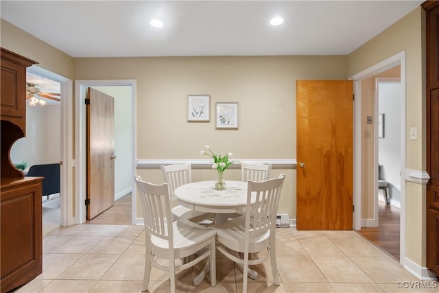 5441 Claridge Dr, Chesterfield, VA 23832 - dining area featuring light tile patterned flooring, recessed lighting, a ceiling fan, and baseboards