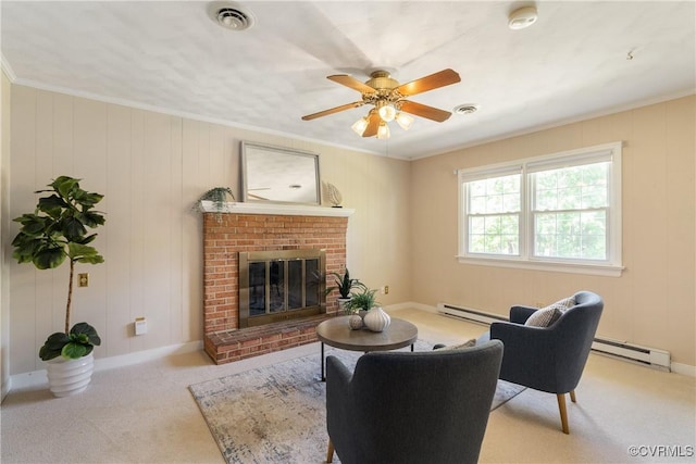 5441 Claridge Dr, Chesterfield, VA 23832 - living area featuring a baseboard heating unit, light carpet, ceiling fan, ornamental molding, and a fireplace