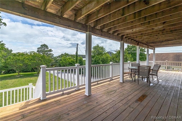 224 Oyster Creek Dr, White Stone, VA 22578 - wooden deck featuring outdoor dining area and a yard