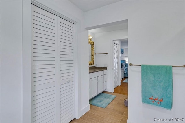 224 Oyster Creek Dr, White Stone, VA 22578 - bathroom with a closet, vanity, and wood finished floors