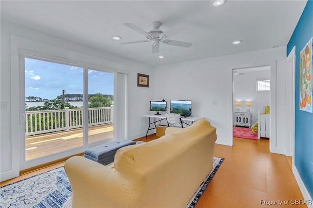 224 Oyster Creek Dr, White Stone, VA 22578 - living area featuring recessed lighting, healthy amount of natural light, ceiling fan, wood finished floors, and baseboards