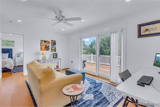 224 Oyster Creek Dr, White Stone, VA 22578 - living room with recessed lighting, ceiling fan, wood finished floors, an office area, and baseboards