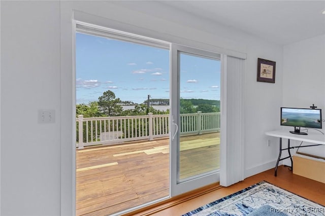 224 Oyster Creek Dr, White Stone, VA 22578 - doorway to outside with wood finished floors and baseboards