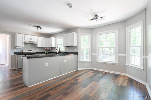 3206 Ramsey Dr, Chester, VA 23831 - kitchen featuring electric stove, dark countertops, dark wood finished floors, under cabinet range hood, and a peninsula