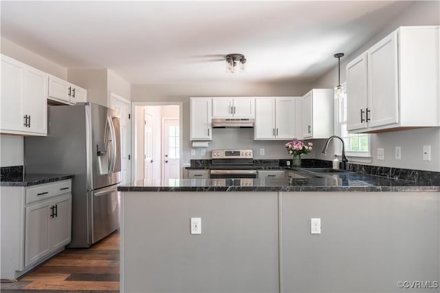 3206 Ramsey Dr, Chester, VA 23831 - kitchen featuring appliances with stainless steel finishes, a sink, under cabinet range hood, dark stone countertops, and white cabinets