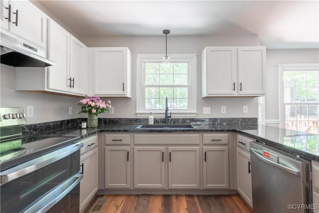 3206 Ramsey Dr, Chester, VA 23831 - kitchen featuring stainless steel appliances, under cabinet range hood, a sink, dark wood finished floors, and pendant lighting