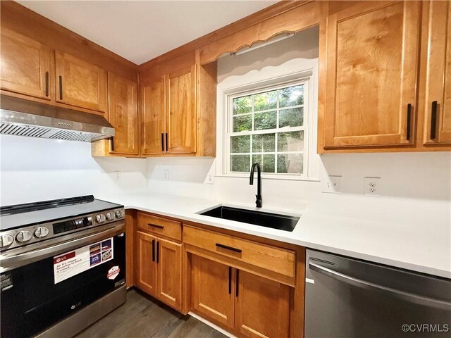 4608 Stoney Creek Pkwy, Chester, VA 23831 - kitchen with appliances with stainless steel finishes, under cabinet range hood, a sink, light countertops, and dark wood-style floors