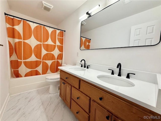 4608 Stoney Creek Pkwy, Chester, VA 23831 - full bathroom featuring double vanity, toilet, marble finish flooring, shower / bath combo, and baseboards