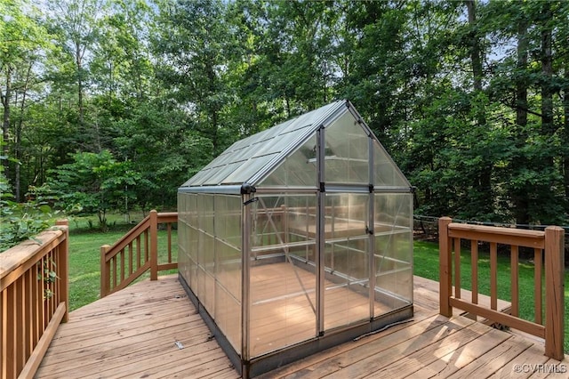 325 Hamlet Rd, Manakin Sabot, VA 23103 - wooden terrace featuring a greenhouse, an outbuilding, and a yard