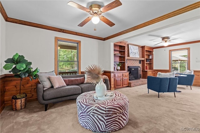325 Hamlet Rd, Manakin Sabot, VA 23103 - living area featuring ceiling fan, light carpet, crown molding, plenty of natural light, and a wainscoted wall