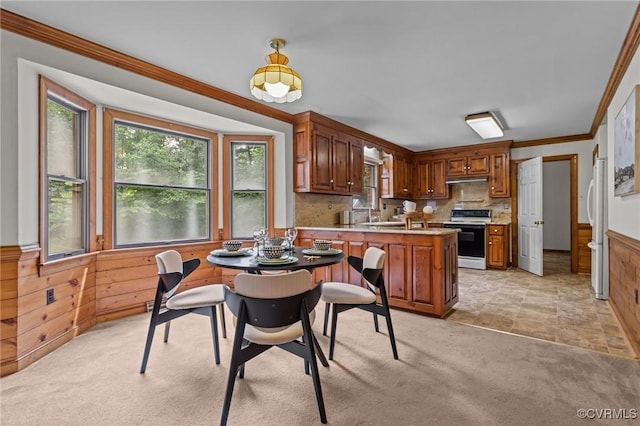 325 Hamlet Rd, Manakin Sabot, VA 23103 - dining room featuring crown molding, plenty of natural light, light carpet, a wainscoted wall, and wood walls