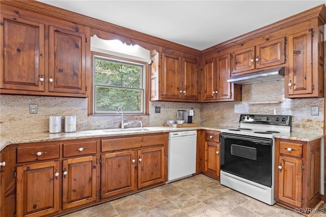 325 Hamlet Rd, Manakin Sabot, VA 23103 - kitchen featuring dishwasher, electric stove, under cabinet range hood, brown cabinetry, and backsplash