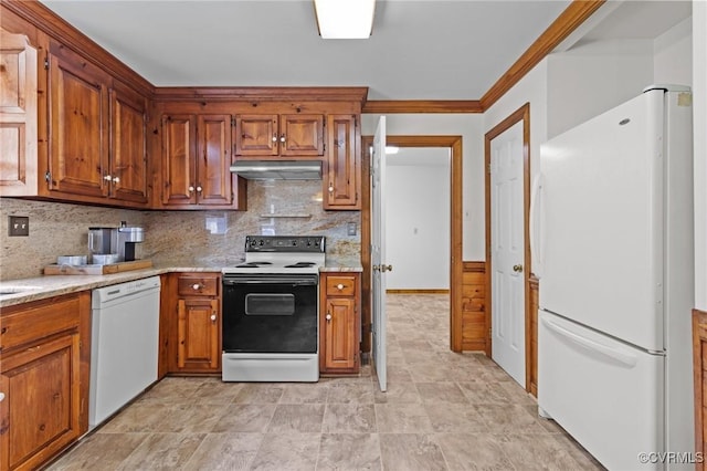 325 Hamlet Rd, Manakin Sabot, VA 23103 - kitchen with white appliances, under cabinet range hood, backsplash, brown cabinets, and crown molding