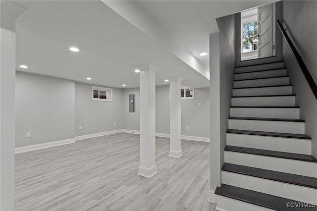 2920 Hawthorne Ave, Richmond, VA 23222 - stairway featuring wood finished floors, baseboards, and recessed lighting