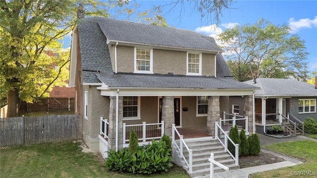 2920 Hawthorne Ave, Richmond, VA 23222 - view of front of home with stucco siding, a porch, a chimney, and roof with shingles