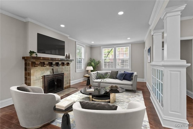 2920 Hawthorne Ave, Richmond, VA 23222 - living area featuring wood finished floors, a tile fireplace, ornamental molding, baseboards, and recessed lighting