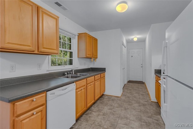 327 White Sand Dr, Heathsville, VA 22473 - kitchen featuring white appliances, a sink, dark countertops, and baseboards