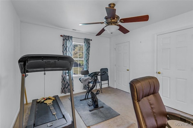 327 White Sand Dr, Heathsville, VA 22473 - exercise room featuring ceiling fan, carpet floors, and baseboards