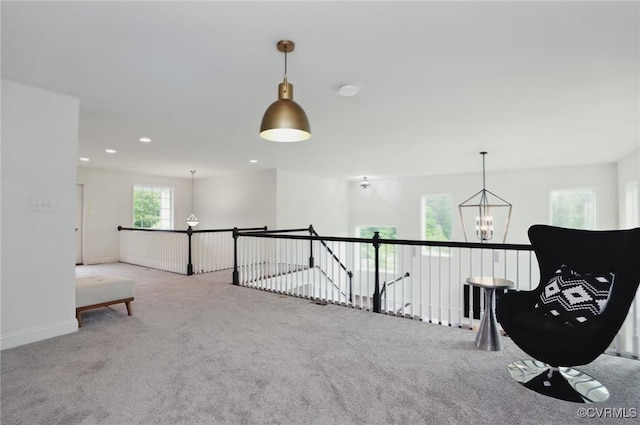 17912 Pine Canyon Trl, Moseley, VA 23120 - sitting room with carpet flooring, a chandelier, an upstairs landing, recessed lighting, and baseboards