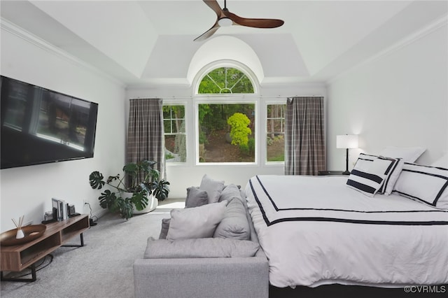 17912 Pine Canyon Trl, Moseley, VA 23120 - bedroom with carpet floors, vaulted ceiling, a raised ceiling, a ceiling fan, and baseboards