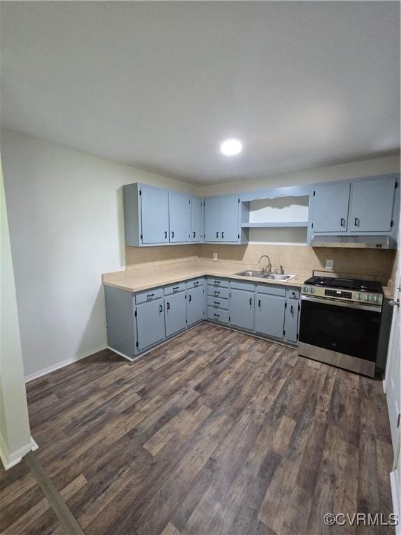 4811 Altair Rd, Henrico, VA 23231 - kitchen featuring stainless steel gas range, a sink, dark wood-style floors, light countertops, and open shelves
