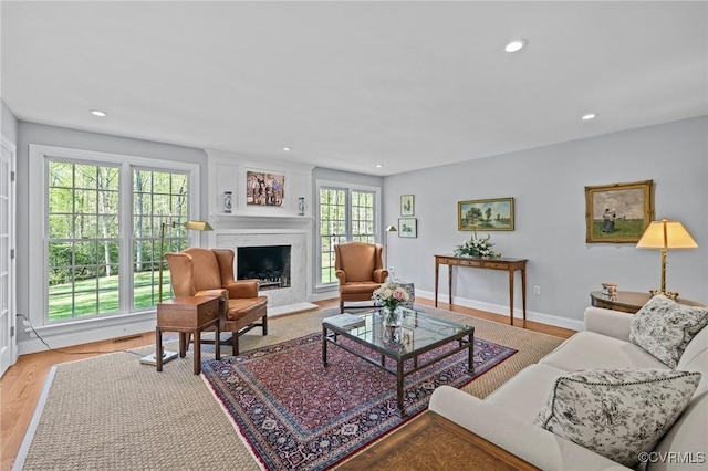 20031 Woodland Fox Ln, Rockville, VA 23146 - living area with a fireplace with flush hearth, recessed lighting, light wood-type flooring, and baseboards