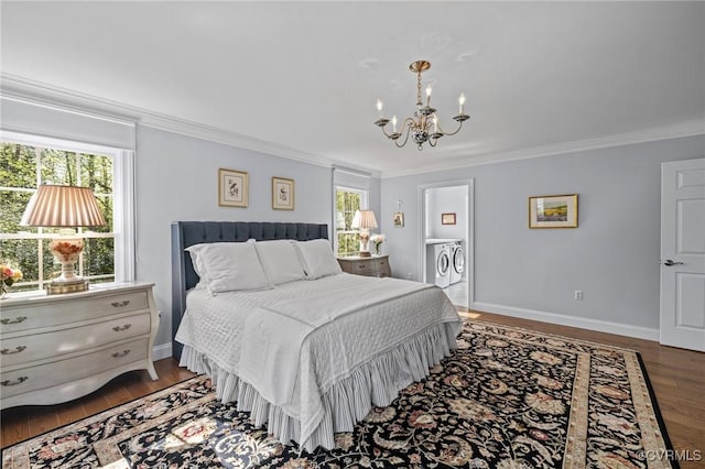20031 Woodland Fox Ln, Rockville, VA 23146 - bedroom featuring ornamental molding, a chandelier, dark wood-style flooring, and baseboards