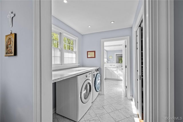 20031 Woodland Fox Ln, Rockville, VA 23146 - laundry room featuring light marble finish floors, washer and dryer, recessed lighting, and baseboards