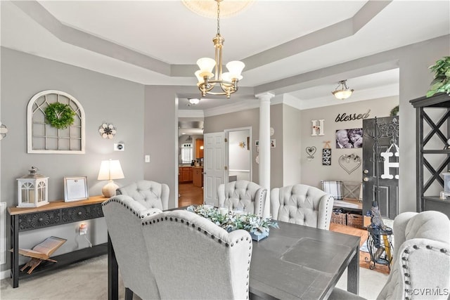 8412 Newbys Mill Dr, Chesterfield, VA 23832 - dining area featuring ornate columns, a chandelier, ornamental molding, and a tray ceiling