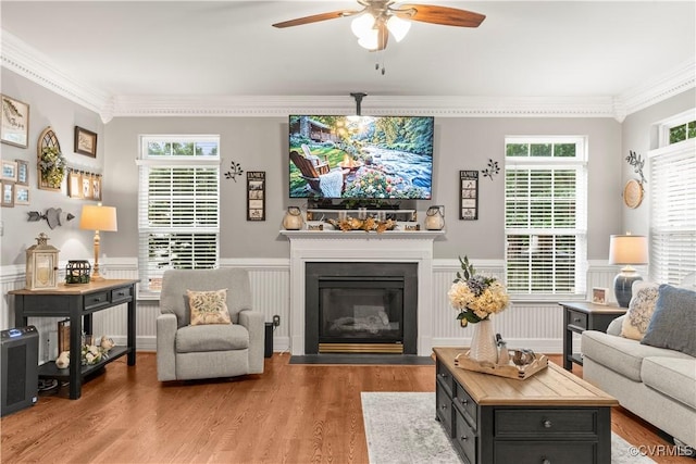8412 Newbys Mill Dr, Chesterfield, VA 23832 - living room featuring ceiling fan, crown molding, light wood-type flooring, a wainscoted wall, and a fireplace with flush hearth