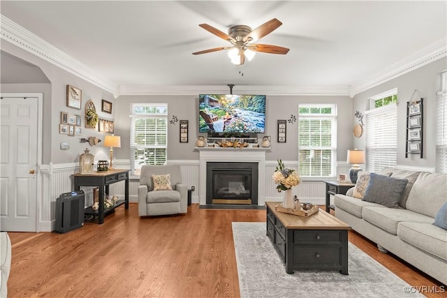 8412 Newbys Mill Dr, Chesterfield, VA 23832 - living area featuring a ceiling fan, crown molding, light wood finished floors, healthy amount of natural light, and a fireplace with flush hearth