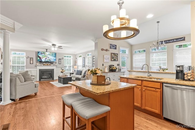 8412 Newbys Mill Dr, Chesterfield, VA 23832 - kitchen featuring dishwasher, a ceiling fan, a kitchen bar, plenty of natural light, and lofted ceiling
