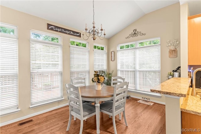 8412 Newbys Mill Dr, Chesterfield, VA 23832 - dining space featuring a chandelier, vaulted ceiling, light wood-style floors, and plenty of natural light