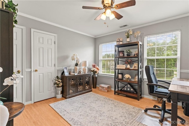 8412 Newbys Mill Dr, Chesterfield, VA 23832 - office area featuring a ceiling fan, wood finished floors, and crown molding