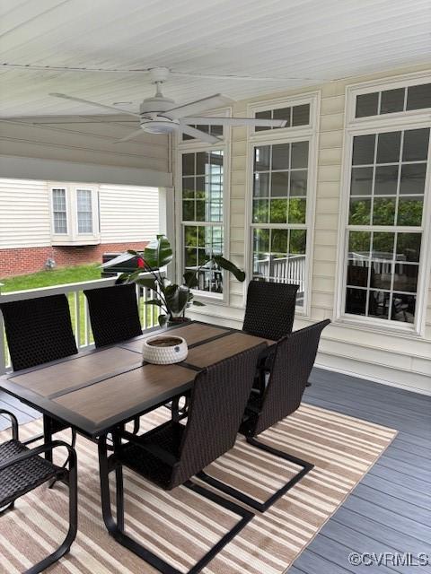 11292 Silverstone Dr, Mechanicsville, VA 23116 - wooden deck featuring outdoor dining area and ceiling fan