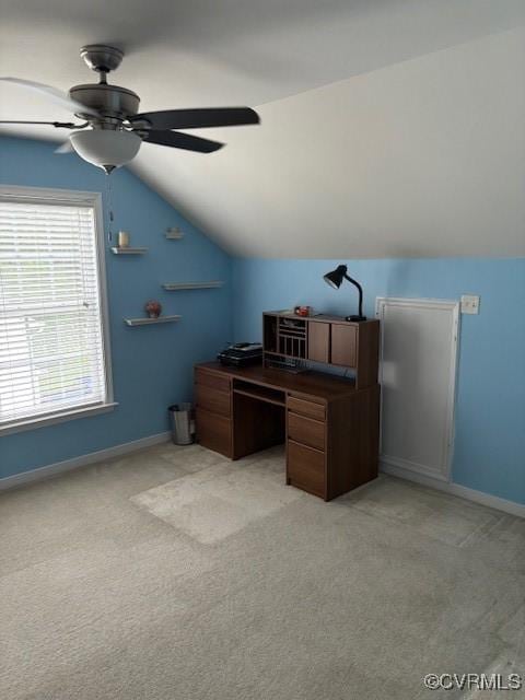 11292 Silverstone Dr, Mechanicsville, VA 23116 - office with vaulted ceiling, light carpet, a ceiling fan, and baseboards