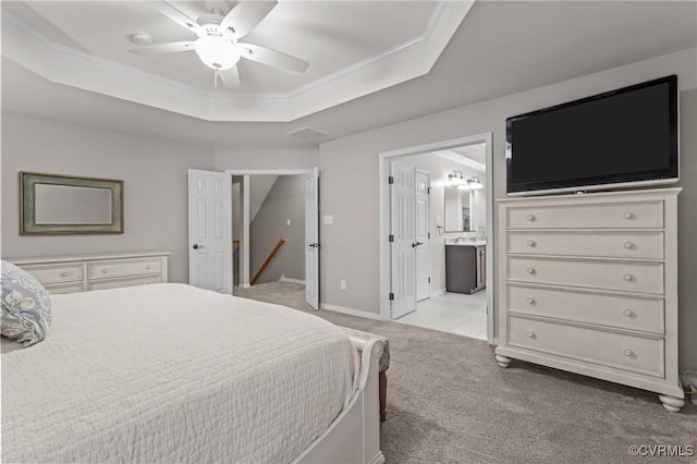 8324 Longlands Pl, Chesterfield, VA 23832 - bedroom featuring light carpet, a raised ceiling, ensuite bath, baseboards, and crown molding