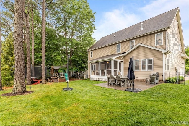 8324 Longlands Pl, Chesterfield, VA 23832 - rear view of property featuring a playground, a sunroom, a patio, and roof with shingles