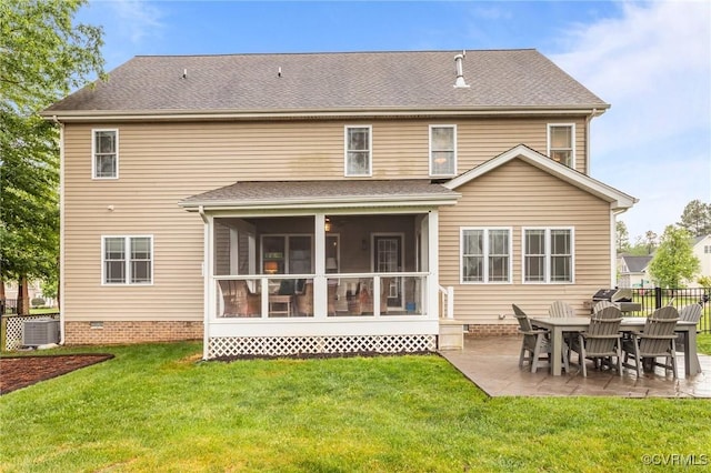 8324 Longlands Pl, Chesterfield, VA 23832 - rear view of house featuring a patio, central air condition unit, a sunroom, crawl space, and a shingled roof